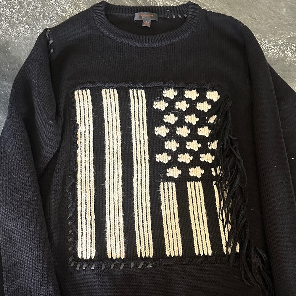 Coach Flag Sweater Merino Wool Mohair Fringes Leather Lace